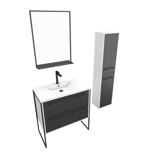 AURLANE - Pack meuble de salle de bain 80x50 cm NOIR - vasque résine blanche + miroir noir mat + colonne - large