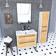AURLANE - Pack meuble de salle de bain 80x50 cm - 2 tiroirs - vasque blanche + miroir noir mat + colonne - vignette