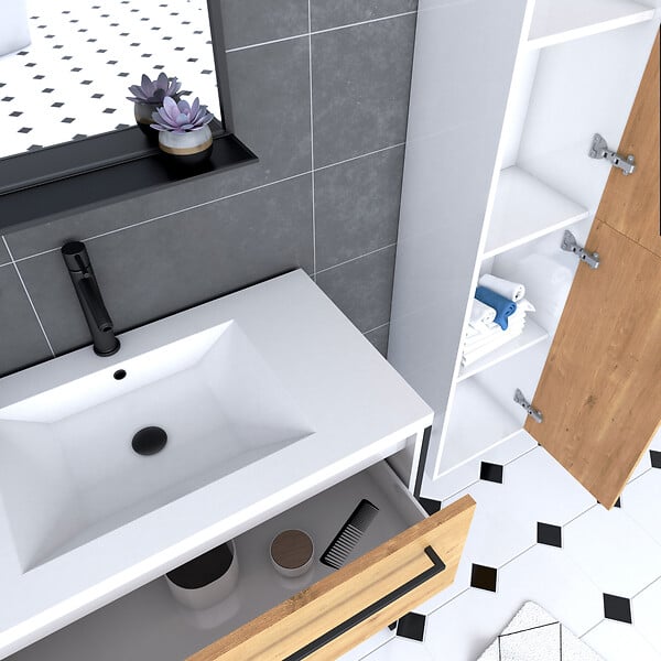 AURLANE - Pack meuble de salle de bain 80x50 cm - 2 tiroirs - vasque blanche + miroir noir mat + colonne - large