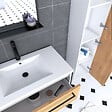 AURLANE - Pack meuble de salle de bain 80x50 cm - 2 tiroirs - vasque blanche + miroir noir mat + colonne - vignette
