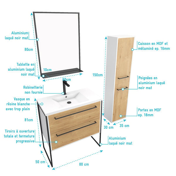 AURLANE - Pack meuble de salle de bain 80x50 cm - 2 tiroirs - vasque blanche + miroir noir mat + colonne - large