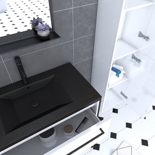 AURLANE - Meuble de salle de bain 80x50 cm - 2 tiroirs blanc - vasque resine noir effet pierre + colonne - large