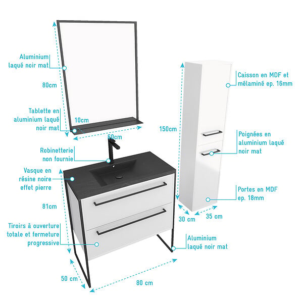 AURLANE - Meuble de salle de bain 80x50 cm - 2 tiroirs blanc - vasque resine noir effet pierre + colonne - large