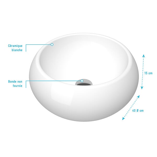 AURLANE - Vasque à poser en céramique blanche ronde - 40x15cm - POP BOWL - large