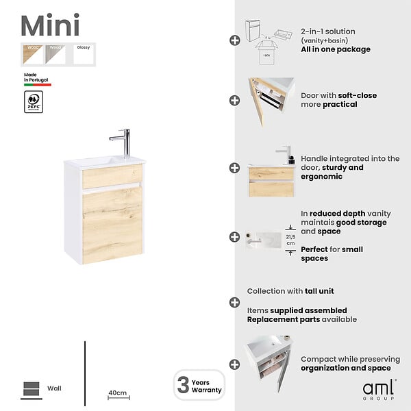 AURLANE - Meuble Lave Mains MINI 40x50x22 cm - Gris et Blanc - large