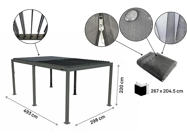 HABITAT ET JARDIN - Pergola bioclimatique en aluminium avec rideau et moustiquaire "Kensington" - 3 x 5 m - Gris - large