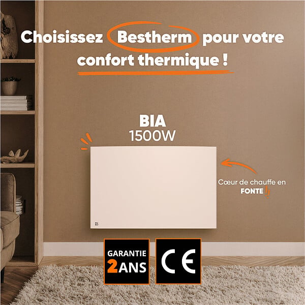 BESTHERM - Radiateur électrique fixe à inertie sèche fonte - BESTHERM - BIA 1500W - horizontal blanc - large