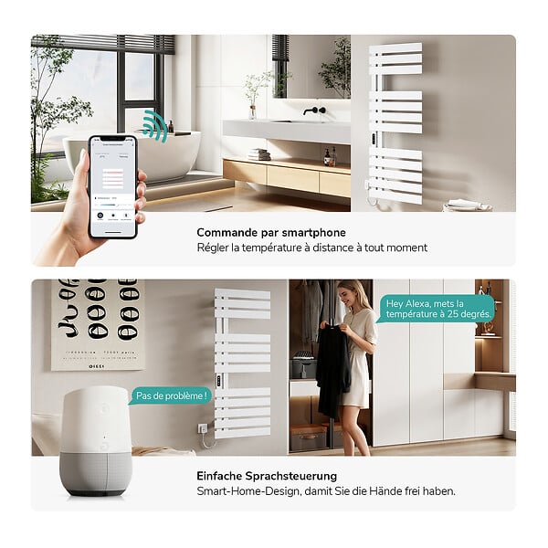 EMKE - EMKE Sèche-serviettes Électrique Salle de Bain WiFi 1300x500 mm 440W, Blanc, Chauffe-serviettes Électrique - large