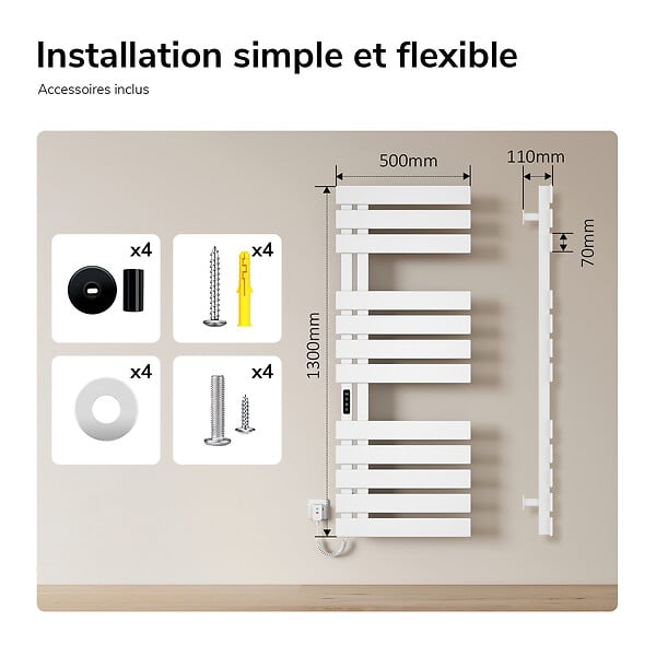 EMKE - EMKE Sèche-serviettes Électrique Salle de Bain WiFi 1300x500 mm 440W, Blanc, Chauffe-serviettes Électrique - large