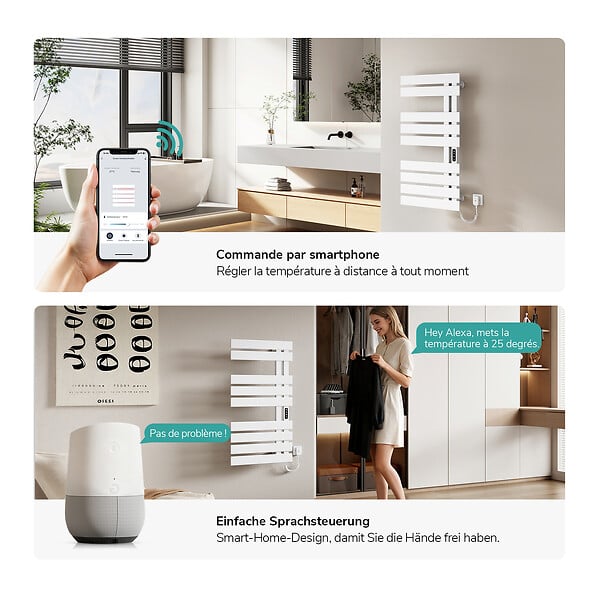 EMKE - EMKE Sèche-serviettes Électrique Salle de Bain WiFi 1000x500 mm 320W, Blanc, Chauffe-serviettes Électrique - large
