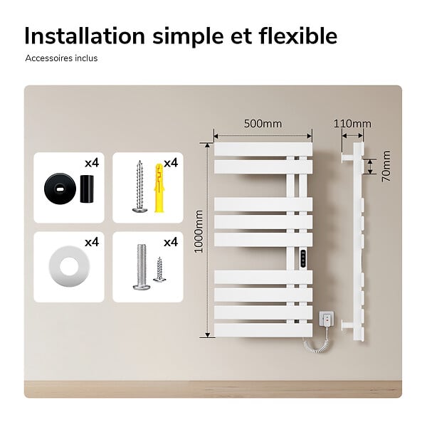 EMKE - EMKE Sèche-serviettes Électrique Salle de Bain WiFi 1000x500 mm 320W, Blanc, Chauffe-serviettes Électrique - large