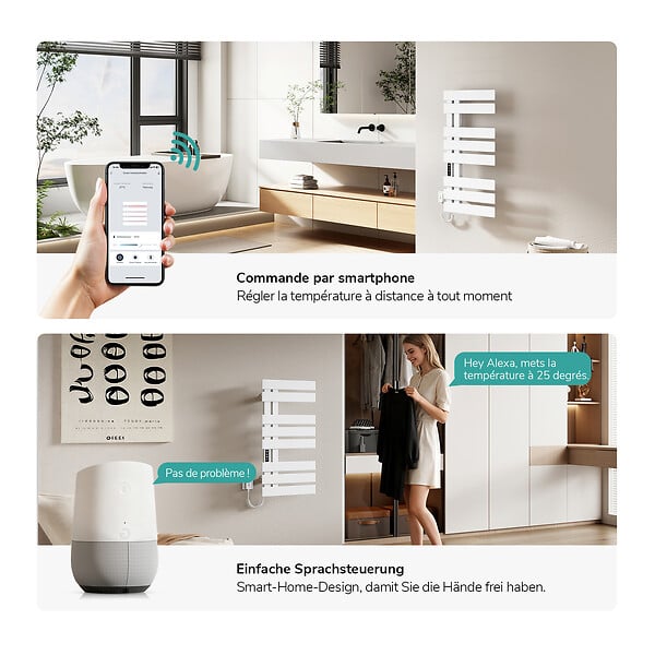 EMKE - EMKE Sèche-serviettes Électrique Salle de Bain WiFi 850x400 mm 230W, Blanc, Chauffe-serviettes Électrique - large