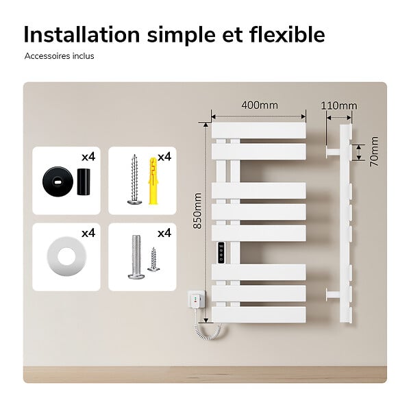 EMKE - EMKE Sèche-serviettes Électrique Salle de Bain WiFi 850x400 mm 230W, Blanc, Chauffe-serviettes Électrique - large