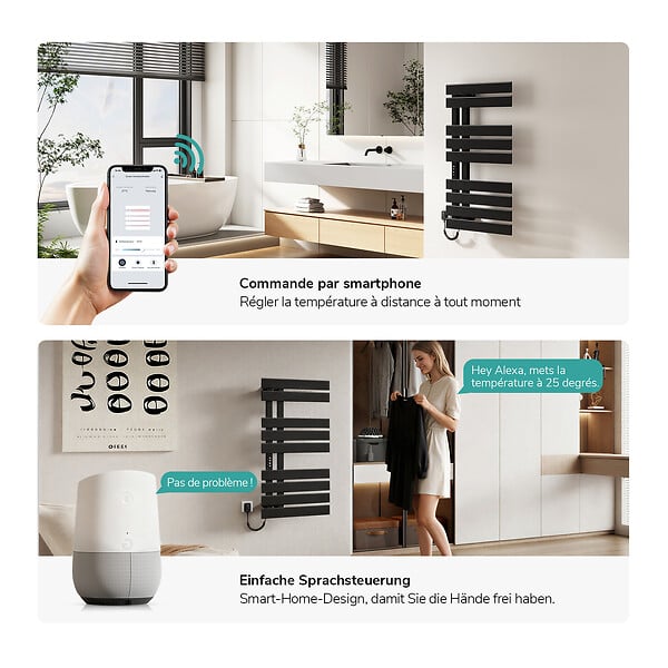 EMKE - EMKE Sèche-serviettes Électrique Salle de Bain WiFi 1000x500 mm 320W, Noir, Chauffe-serviettes Électrique - large