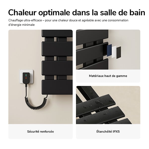 EMKE - EMKE Sèche-serviettes Électrique Salle de Bain WiFi 1000x500 mm 320W, Noir, Chauffe-serviettes Électrique - large