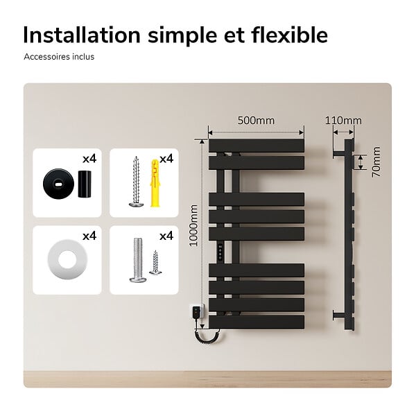 EMKE - EMKE Sèche-serviettes Électrique Salle de Bain WiFi 1000x500 mm 320W, Noir, Chauffe-serviettes Électrique - large