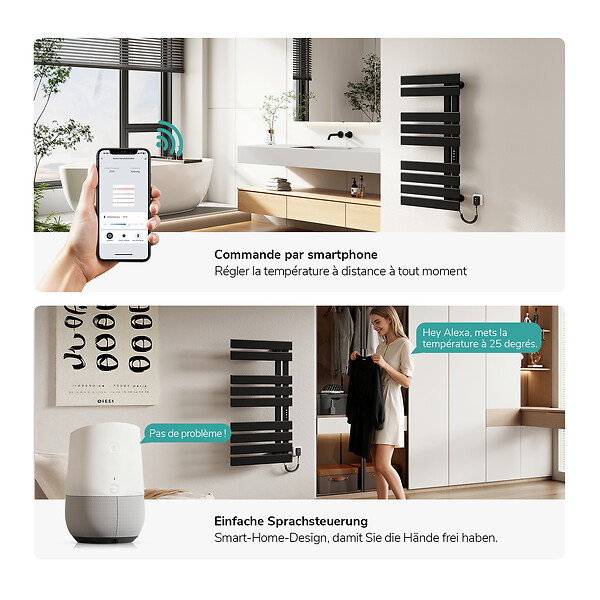 EMKE - EMKE Sèche-serviettes Électrique Salle de Bain WiFi 1000x500 mm 320W, Noir, Chauffe-serviettes Électrique - large