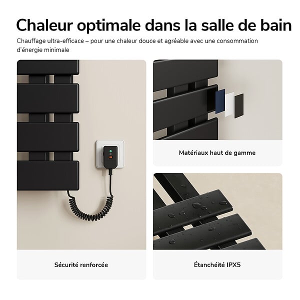 EMKE - EMKE Sèche-serviettes Électrique Salle de Bain WiFi 1000x500 mm 320W, Noir, Chauffe-serviettes Électrique - large