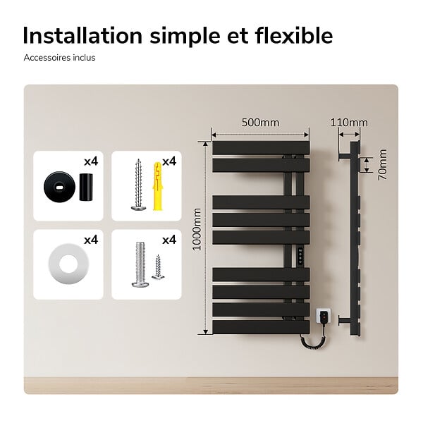 EMKE - EMKE Sèche-serviettes Électrique Salle de Bain WiFi 1000x500 mm 320W, Noir, Chauffe-serviettes Électrique - large