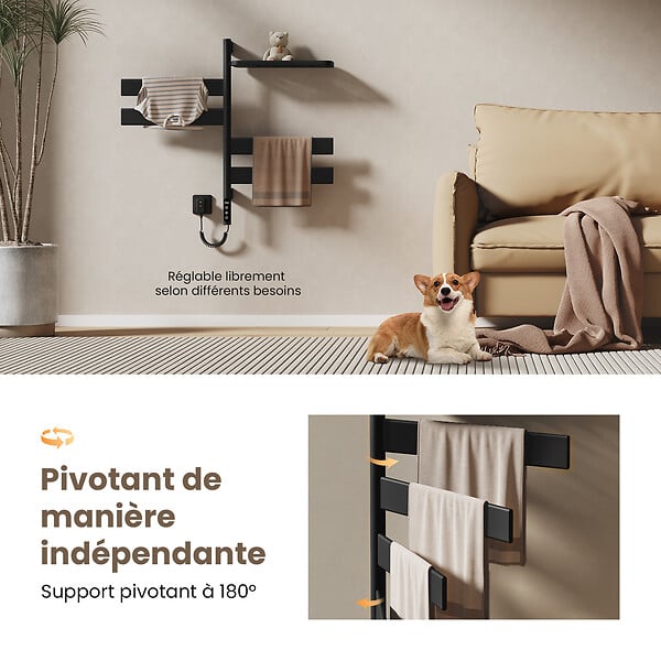 EMKE - EMKE Sèche-serviettes électrique, rotatif à 180, 76 x 45 cm, sèche-serviettes et radiateur pour salle de bain, Blanc - large
