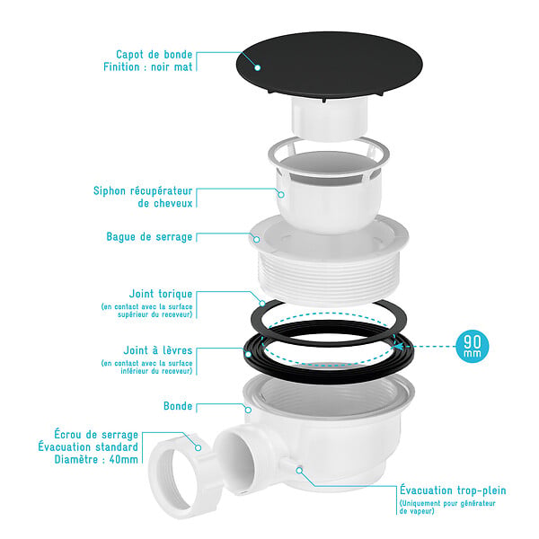 AURLANE - Bonde de Receveur Diamètre 90 mm - Capot Noir - Evacuation Horizontale - large
