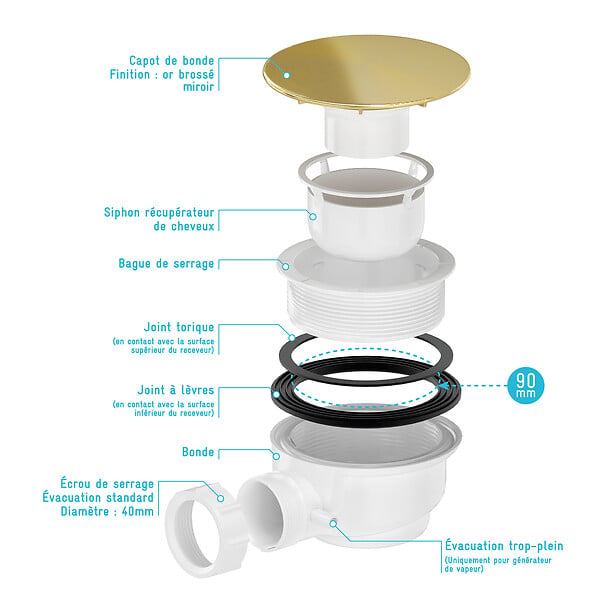 AURLANE - Bonde de Receveur Diamètre 90 mm - Capot Or Doré Brossé - Evacuation Horizontale - large