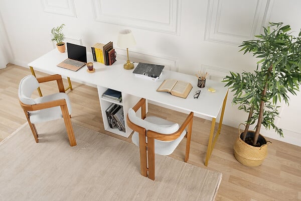 HABITAT ET JARDIN - Bureau en bois "Twin Study Desk" - 240 x 60 x 74 cm - Or blanc - large