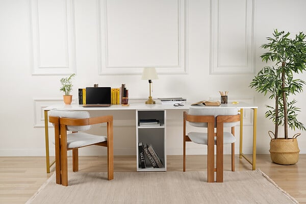 HABITAT ET JARDIN - Bureau en bois "Twin Study Desk" - 240 x 60 x 74 cm - Or blanc - large