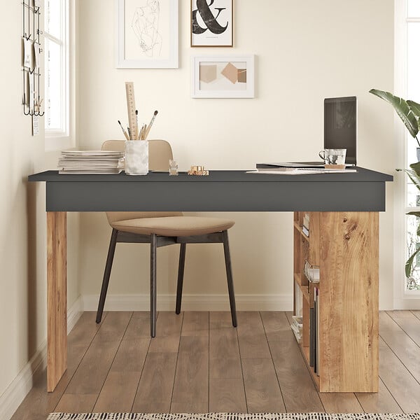HABITAT ET JARDIN - Bureau en bois "CT5" - 129 x 120 x 72 cm - Pin atlantique Anthracite - large