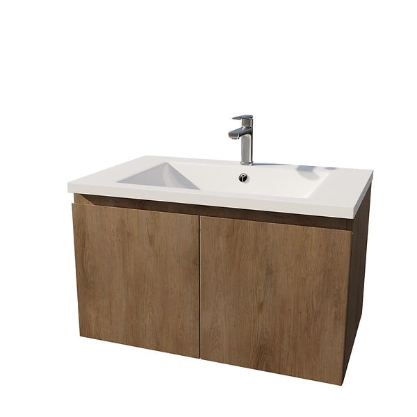 AURLANE - Meuble de salle de bains 75cm à Suspendre Décor Bois Clair - 2 Portes - Vasque Blanche - ELEMENTARY - large