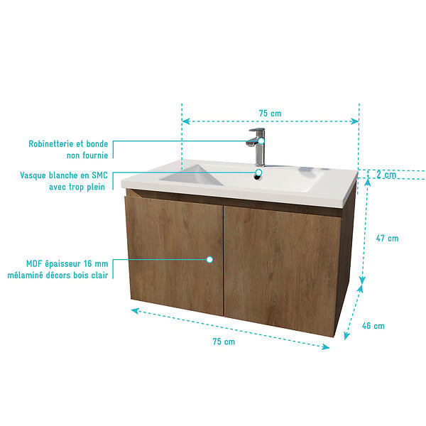 AURLANE - Meuble de salle de bains 75cm à Suspendre Décor Bois Clair - 2 Portes - Vasque Blanche - ELEMENTARY - large