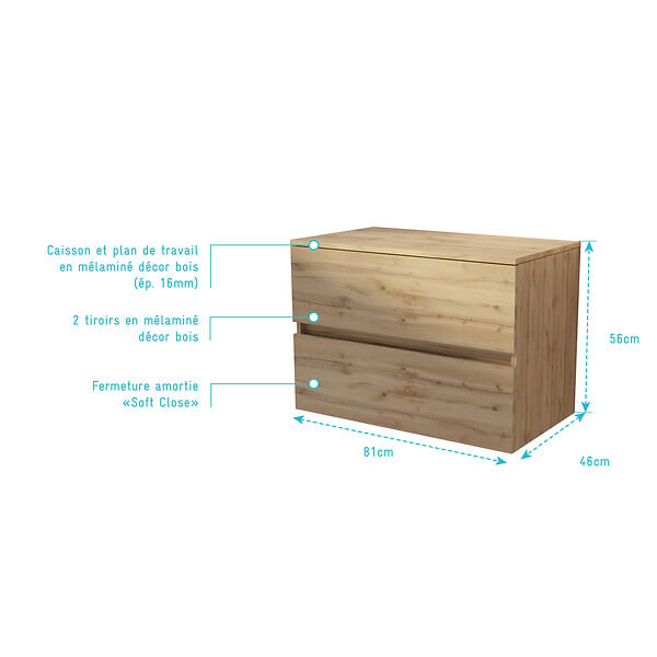 AURLANE - Meuble de Salle de Bains 80 cm à Tiroirs avec Plan Finition Chêne Naturel - TIMBER - large