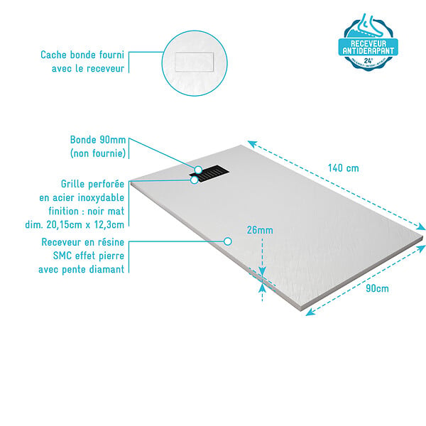 AURLANE - Receveur de douche Blanc Effet Pierre 90x140 cm et Grille décor Linéaire Noire Mate - large