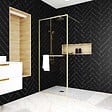 AURLANE - Paroi de Douche Or Doré Brossé 100x200cm - Porte-Serviette et Etagère - vignette