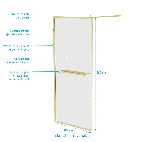 AURLANE - Paroi de Douche Or Doré Brossé 100x200cm - Porte-Serviette et Etagère - large