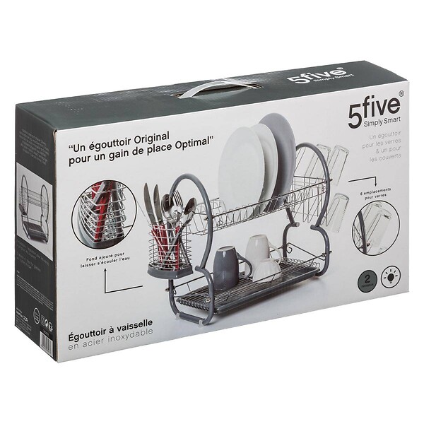 5 FIVE SIMPLY SMART - Égouttoir métal 2 niveaux avec plateau gris - large