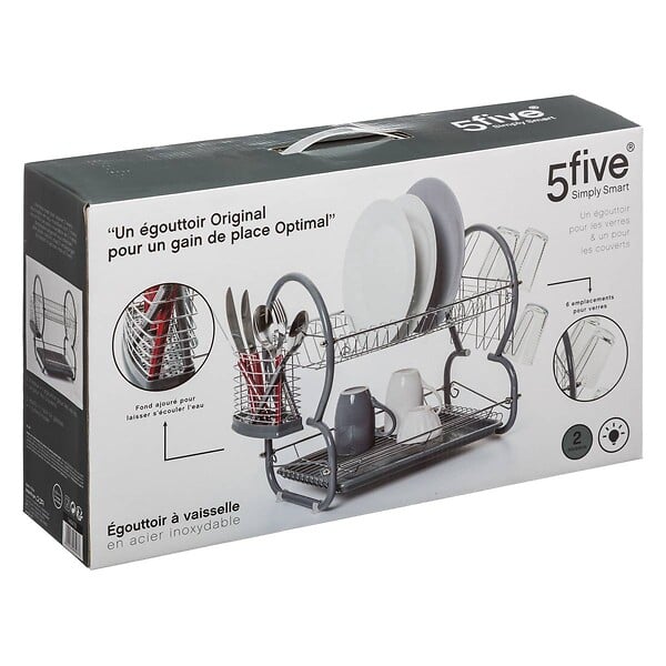 5 FIVE SIMPLY SMART - Égouttoir métal 2 niveaux avec plateau gris - large