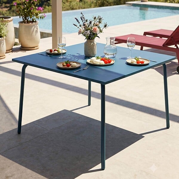 OVIALA - Table de jardin carrée en métal 8 places 120 cm bleu pacific - Palavas - large