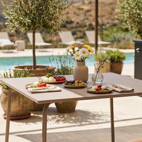 OVIALA - Table de jardin carrée en acier 8 places 120 cm taupe  - Palavas - large