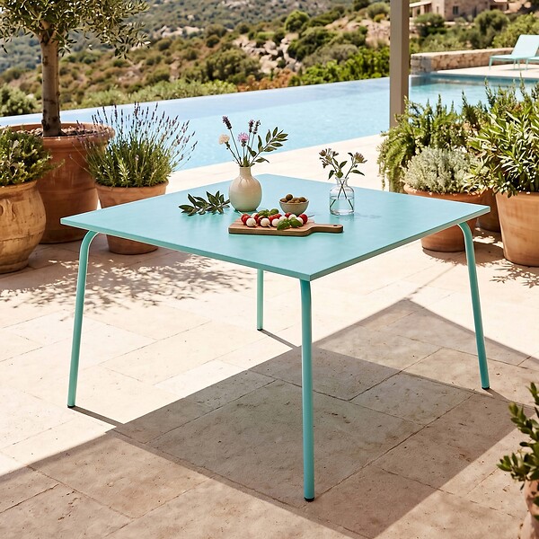 OVIALA - Table de jardin carrée en acier 8 places 120 cm turquoise - Palavas - large