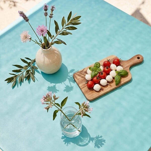 OVIALA - Table de jardin carrée en acier 8 places 120 cm turquoise - Palavas - large