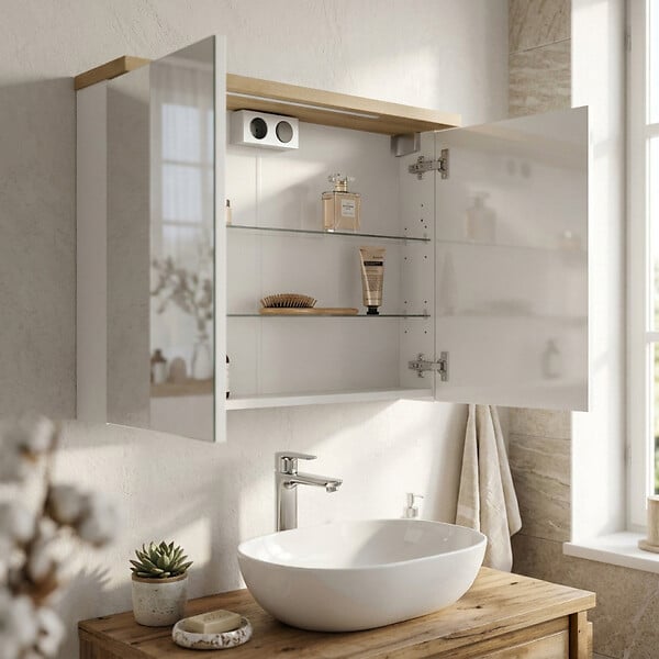 NATUREL - Armoire de toilette avec miroir et éclairage LED, 80x60 cm blanc, Naturel Stilla (STILLAE08002) - large