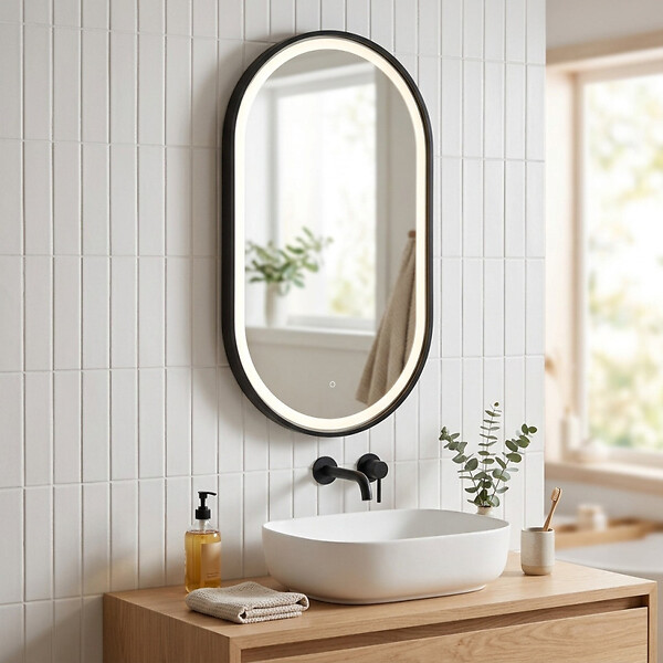 SWISS AQUA TECHNOLOGIES - Miroir LED ovale 40 x 80 cm avec cadre aluminium noir et capteur tactile SAT (SATZOVLED4080CE) - large