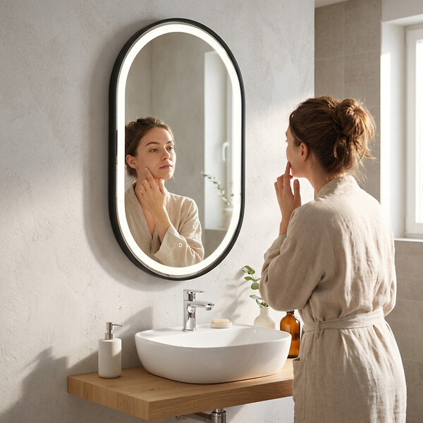 SWISS AQUA TECHNOLOGIES - Miroir LED ovale 40 x 80 cm avec cadre aluminium noir et capteur tactile SAT (SATZOVLED4080CE) - large