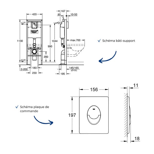 GROHE - - Bati support pour wc Rapid SL 1.13 m x 0.42 m avec plaque de commande blanche - large