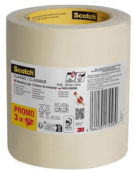 SCOTCH - Ruban de masquage lignes droites 36mmX50m_Lot 3 rouleaux - large
