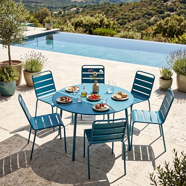 OVIALA - Ensemble table de jardin ronde et 6 chaises en métal bleu pacific - Palavas - large
