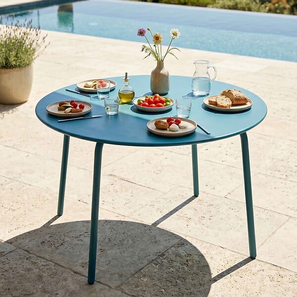OVIALA - Ensemble table de jardin ronde et 6 chaises en métal bleu pacific - Palavas - large