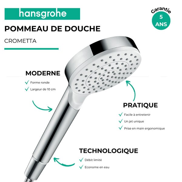 HANSGROHE - Pommeau de douche HANSGROHE Crometta EcoSmart blanc/chromé + flexible de douche 2 m HANSGROHE Isiflex chromé - large