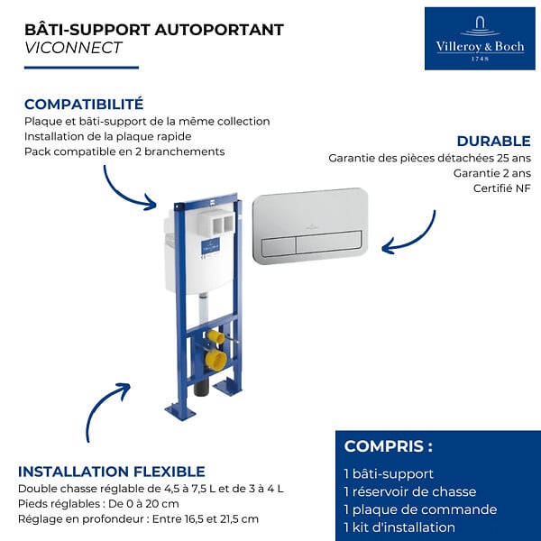 VILLEROY ET BOCH - Bâti-support autoportant WC  Viconnect avec plaque chrome mat - large
